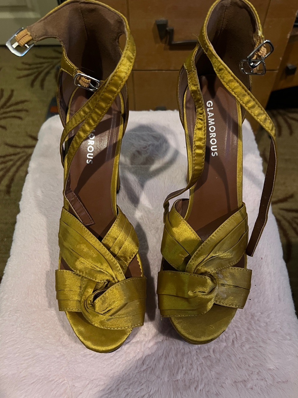 Glamorous Gold Satin Knotted Ankle-Strap Heels
